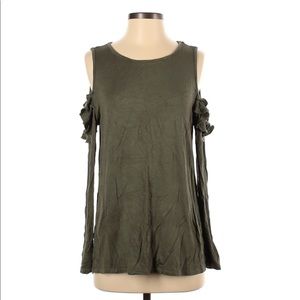 Olive green, Cotton bleu long sleeve top, cold shoulder,  size small has stretch